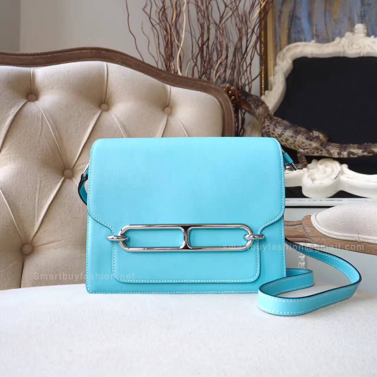 Hermes Roulis 23 Bag White Stitching in 3p Blue Atoll Evercolor PHW